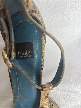 Biala Women's Gold Snakeskin Ankle-Strap Heels with Blue Insole